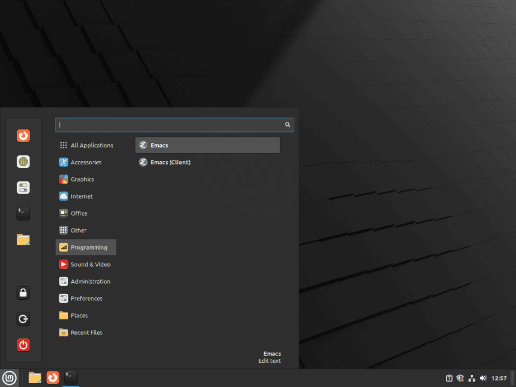 Clickable GNU Emacs application icon on the Linux Mint desktop.