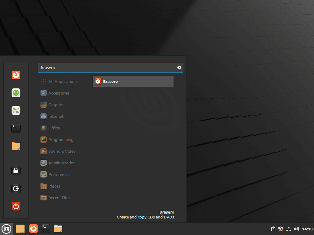Brasero application icon in Linux Mint taskbar UI.