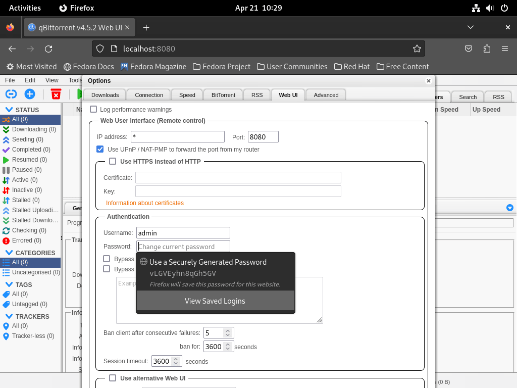 Screenshot illustrating the process to change the password for qBittorrent's WebUI on Fedora Linux.
