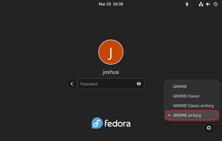 Step-by-step process on Fedora Linux to switch from a GNOME session to Xorg for TeamViewer compatibility.