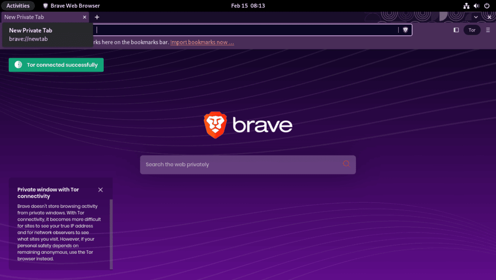 example of brave browser with tor connected on fedora linux