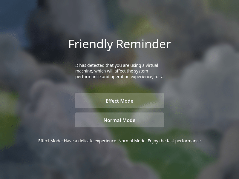 Notification alert on Fedora Linux's Deepin login screen indicating a virtual environment detection.