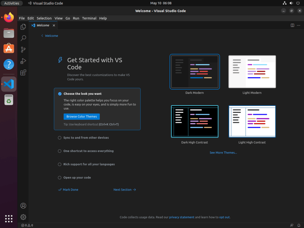 Screenshot showcasing the first-time launch of Visual Studio Code on Ubuntu 22.04 or 20.04, indicating a successful installation.