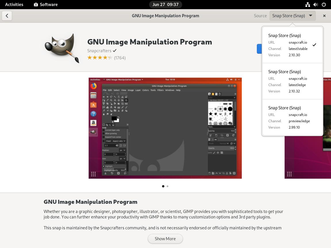 example of snap store sources and versions in gui on fedora linux