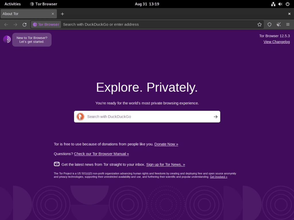 Screenshot of Tor Browser successfully installed and opened, with DuckDuckGo set as the default search engine on Fedora Linux.