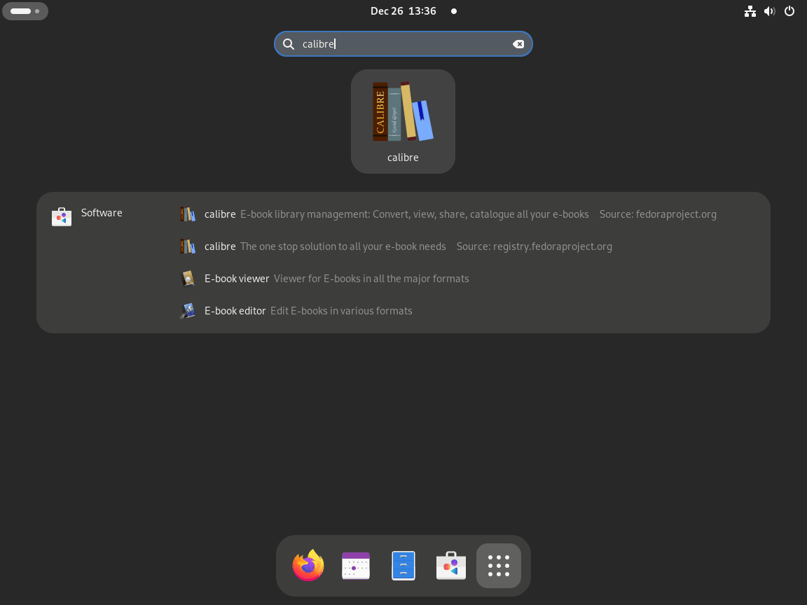 Calibre application icon on Fedora Linux desktop