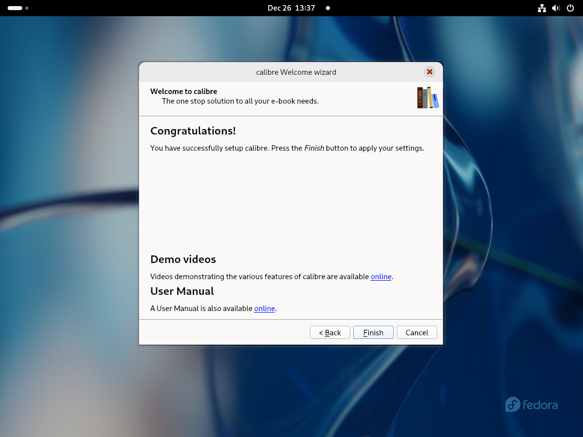 Final screen of Calibre setup wizard on Fedora Linux
