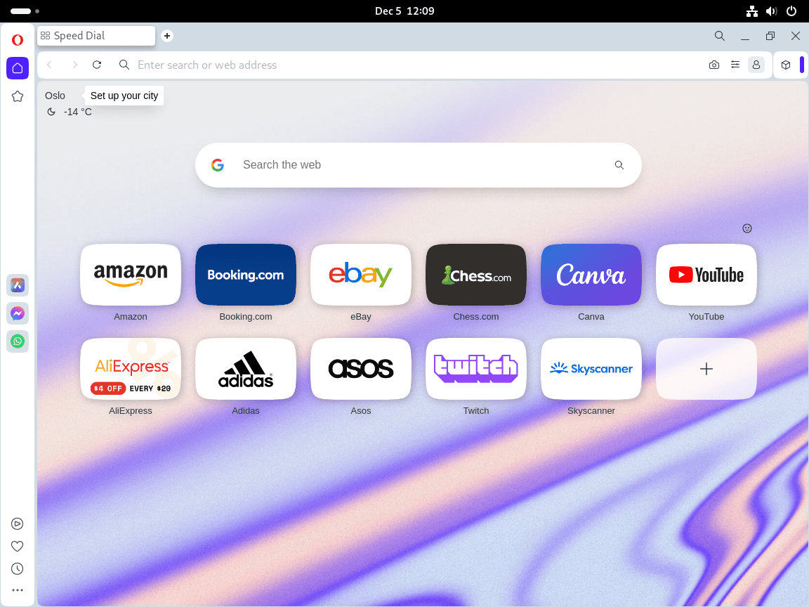 Default user interface of Opera Browser on Fedora Linux