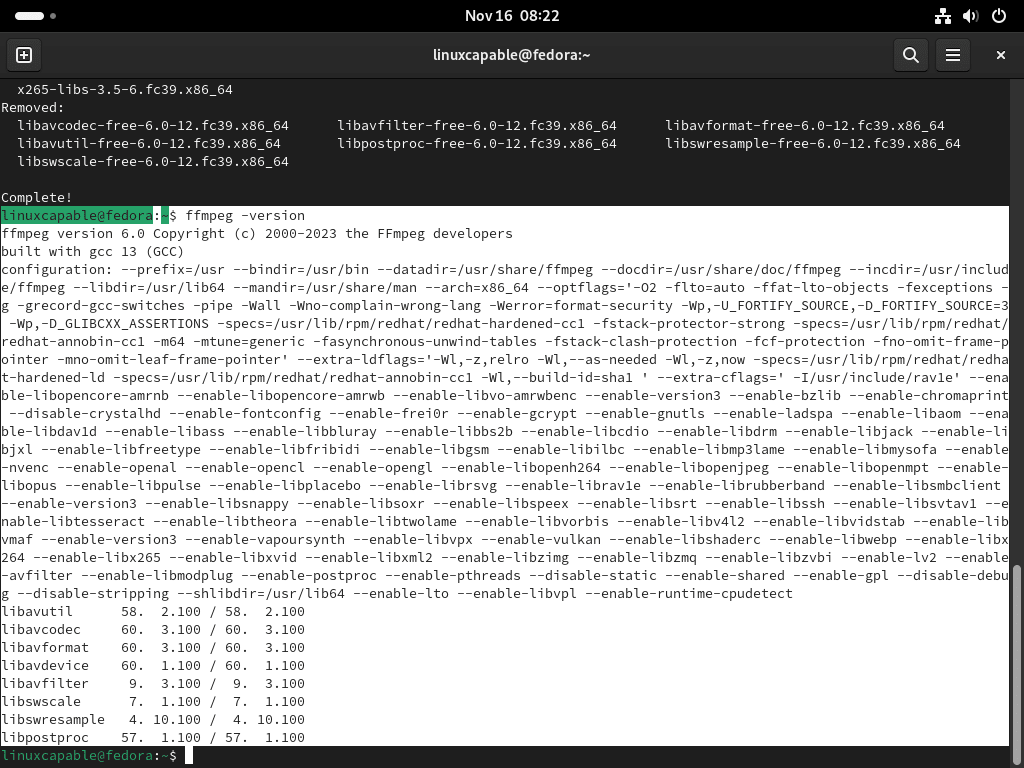 FFmpeg Version Check in Terminal on Fedora Linux