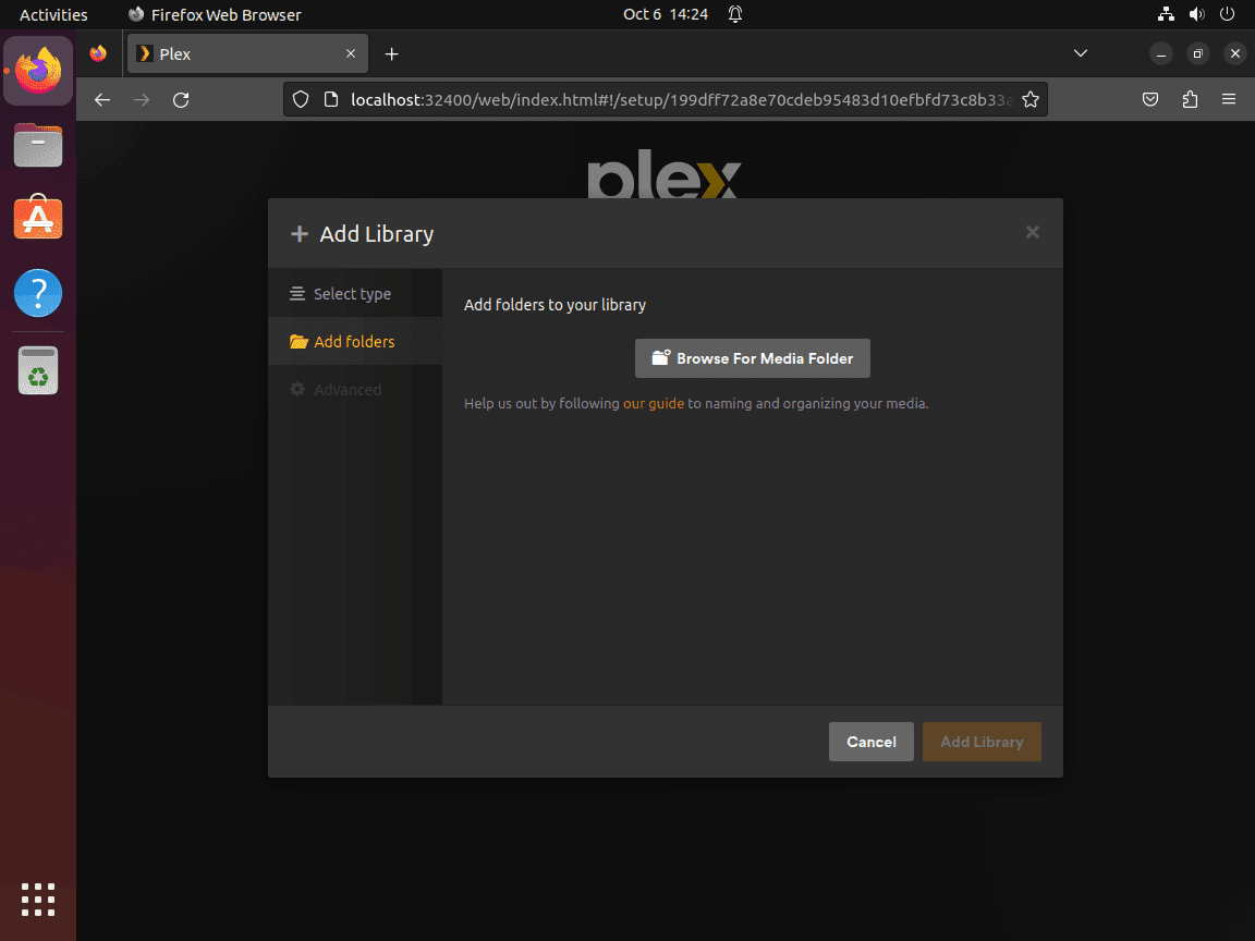 How to Install Plex Media Server on Debian 11 Bullseye 11 Plex Media Server interface for selecting media folders on Ubuntu.