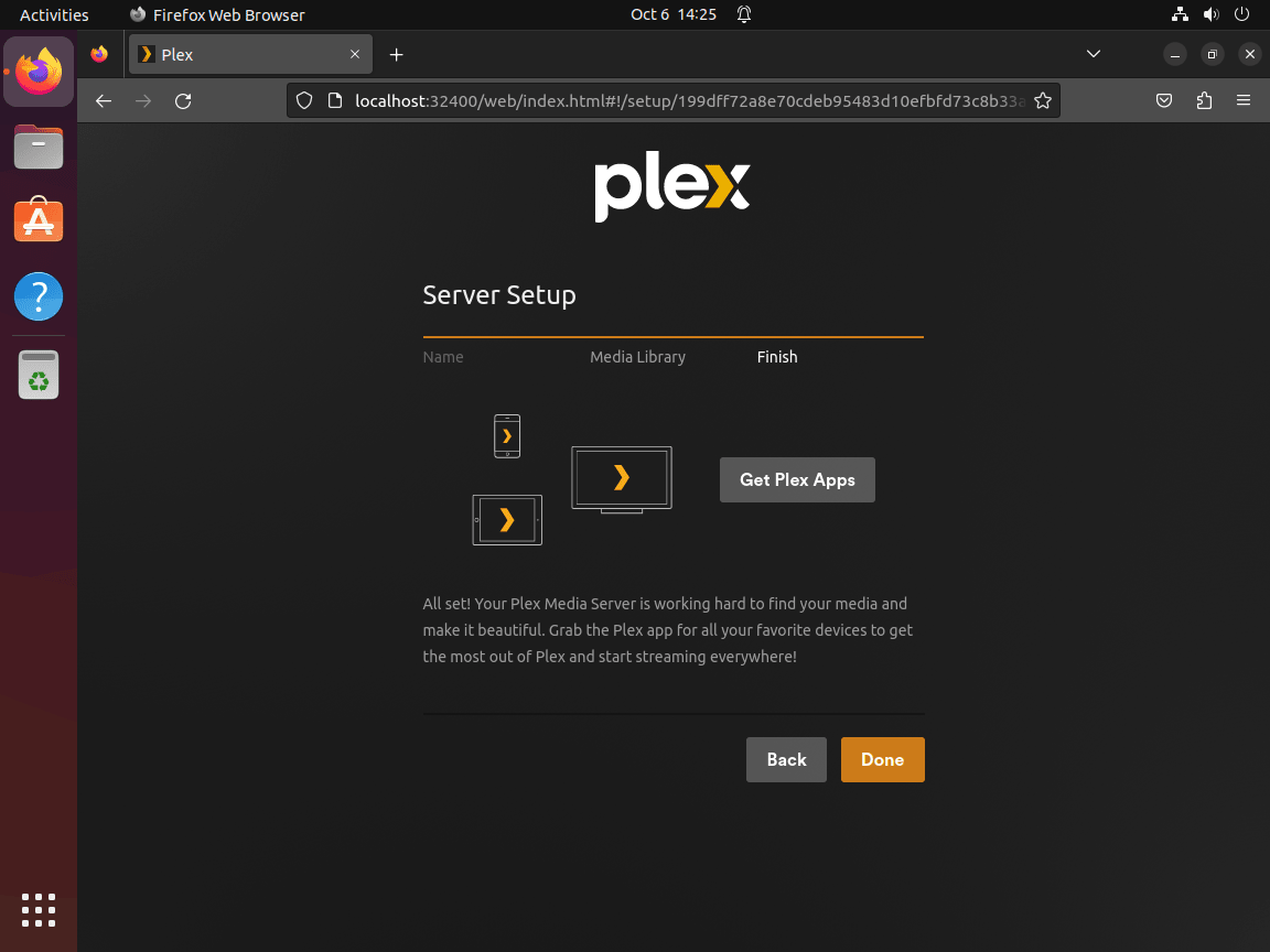 How to Install Plex Media Server on Debian 11 Bullseye 14 WebUI showing completed installation of Plex Media Server on Ubuntu.