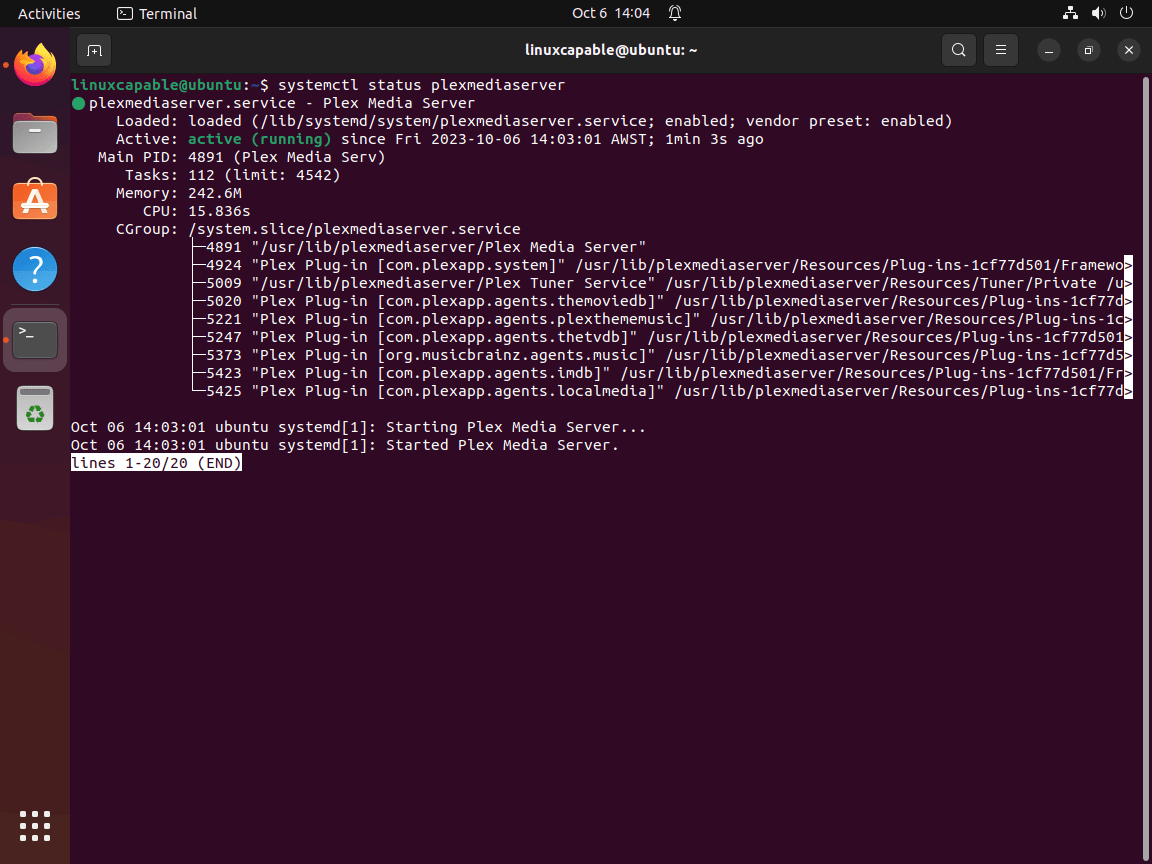 Systemd service status showing Plex Media Server running on Ubuntu.