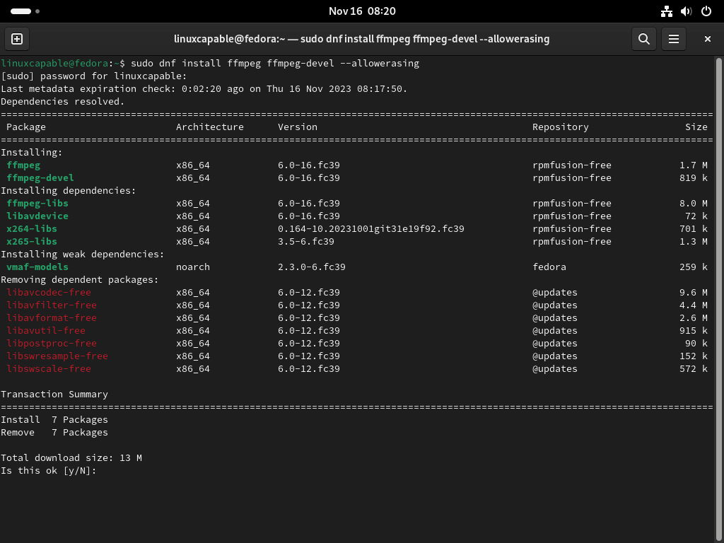 Terminal Output for Installing FFmpeg from RPM Fusion on Fedora