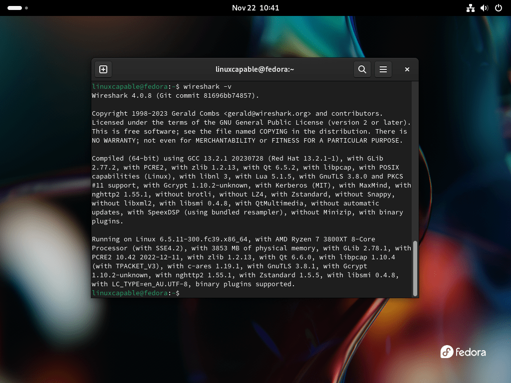 Terminal output displaying Wireshark version installed on Fedora Linux
