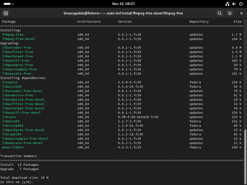 Terminal Output for Installing ffmpeg-free on Fedora Linux