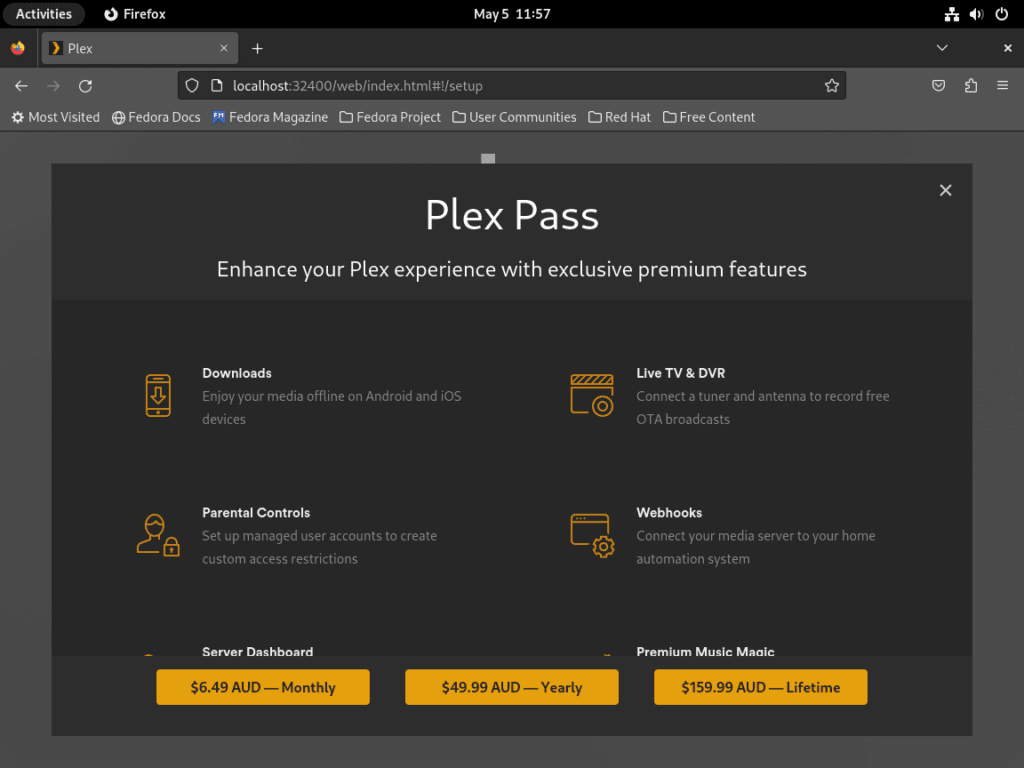 Screenshot showing the optional Plex Pass feature during setup on Fedora Linux.