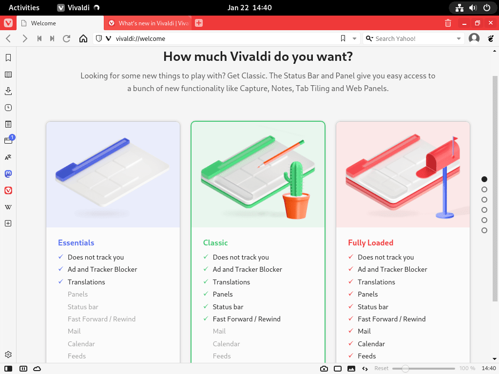 First-time setup wizard of Vivaldi Browser on Fedora Linux