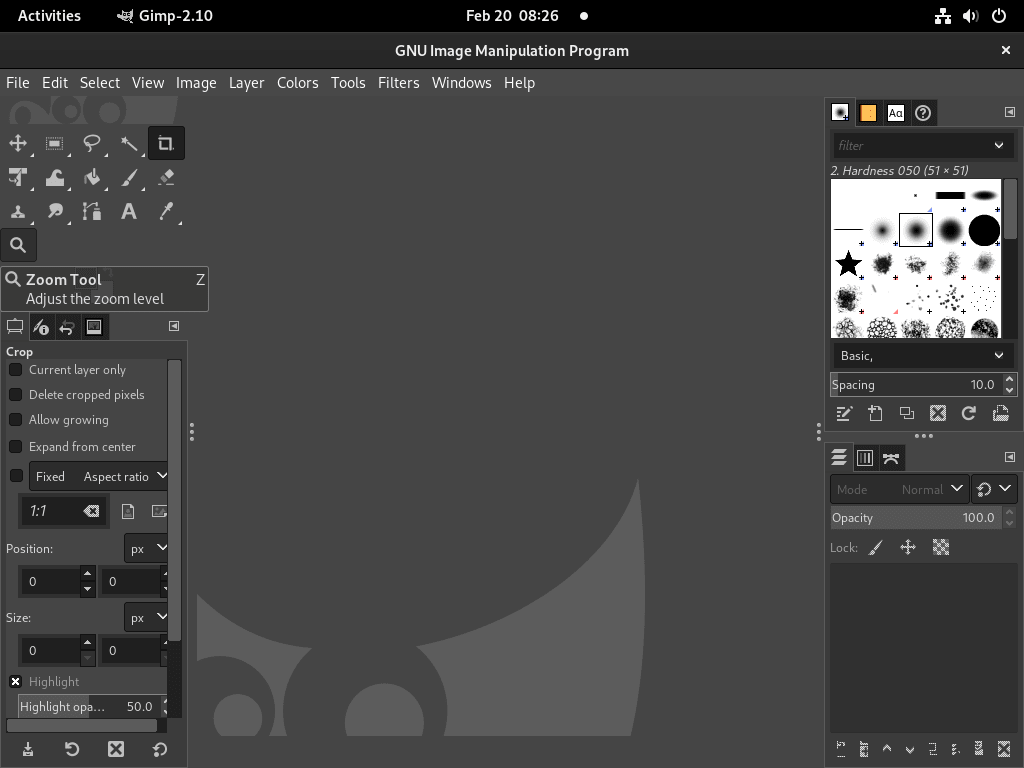 Screenshot of GIMP successfully launched on a Fedora Linux desktop.