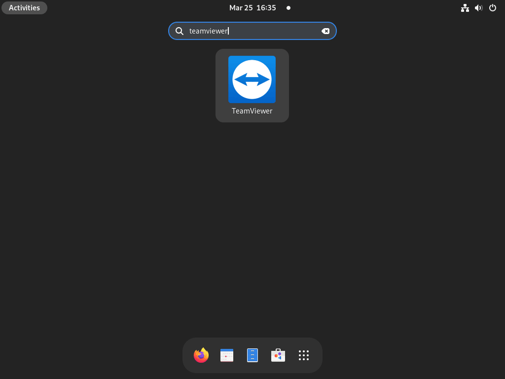 Screenshot displaying the TeamViewer application icon in the 'Show Applications' menu on Fedora Linux.