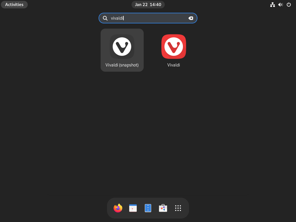 Vivaldi Browser icon in Fedora Linux Show Applications menu