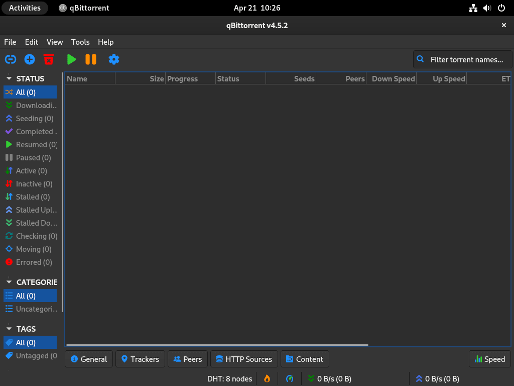 Screenshot of qBittorrent's user interface on Fedora Linux.