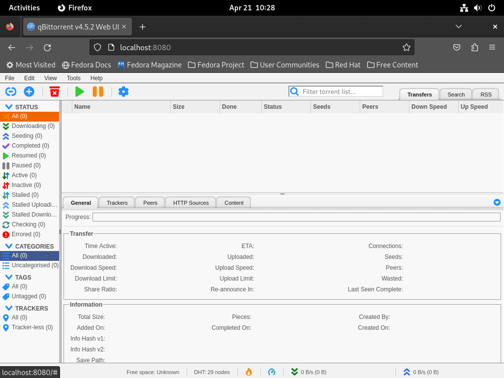 Screenshot of qBittorrent's WebUI on Fedora Linux.