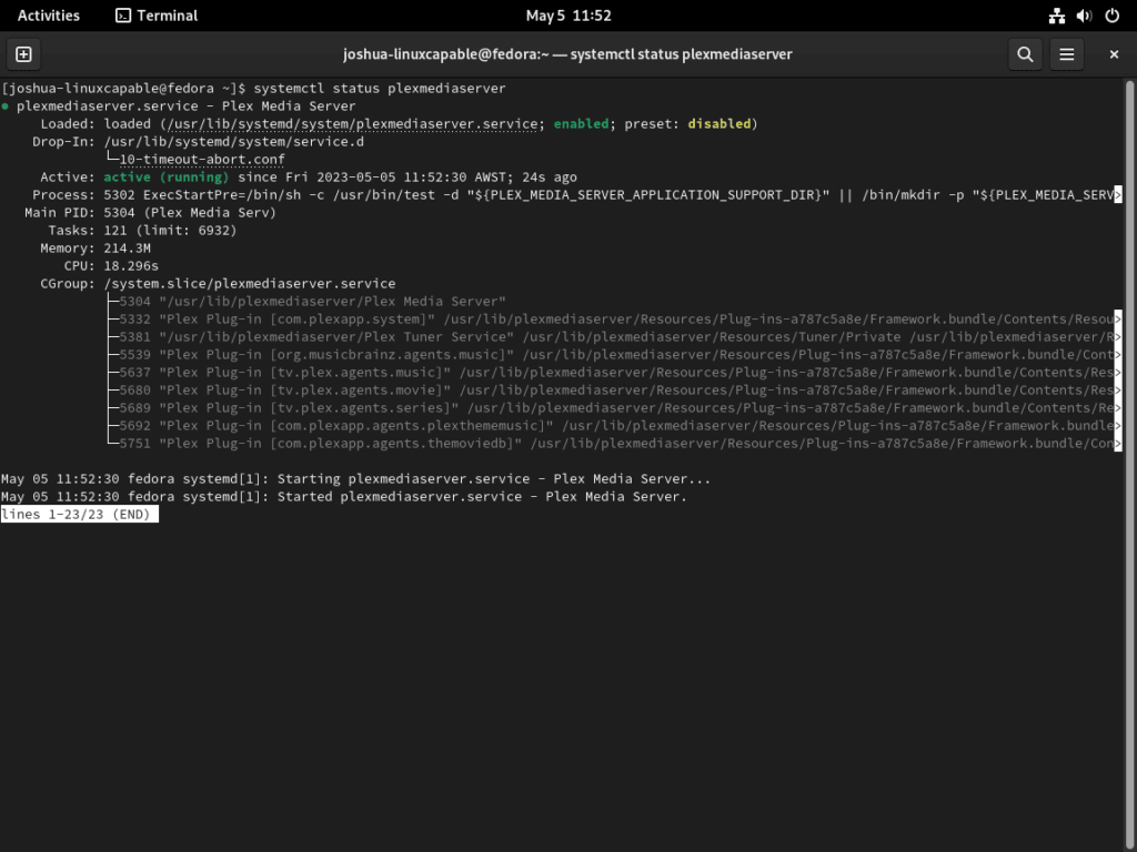 Screenshot showing systemctl command to check the status of Plex Media Server on Fedora Linux.