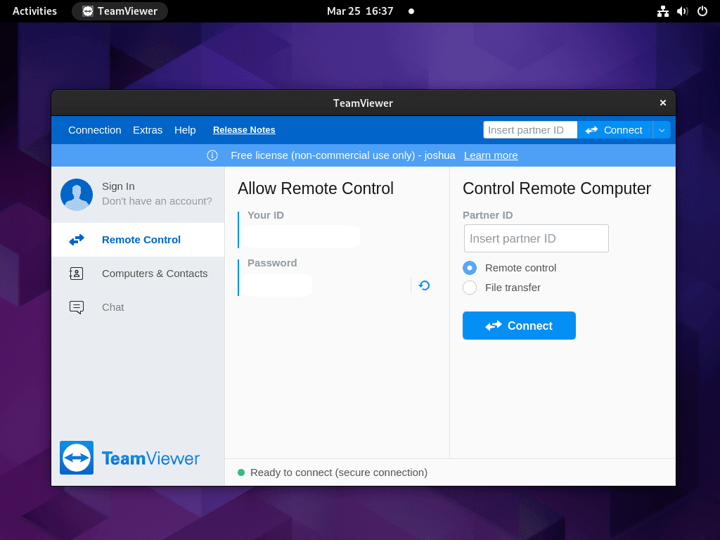 Screenshot confirming the successful switch to Xorg, showing TeamViewer functioning properly on Fedora Linux.