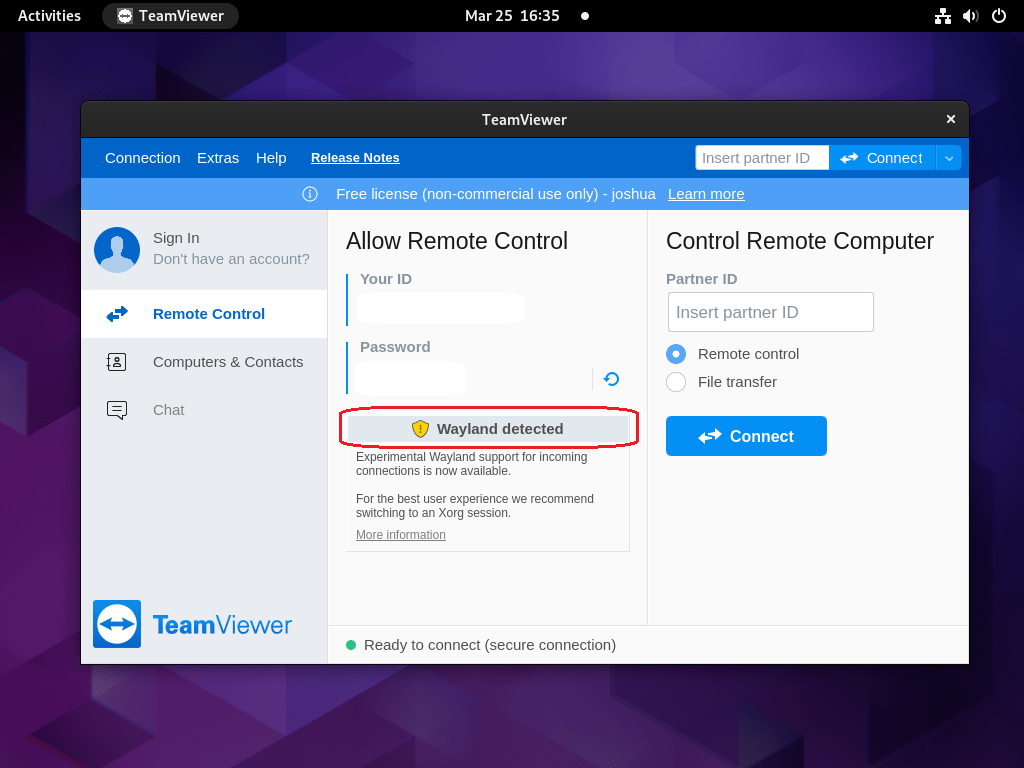 Alert message on Fedora Linux indicating that TeamViewer is launched by Wayland and needs to switch to Xorg.