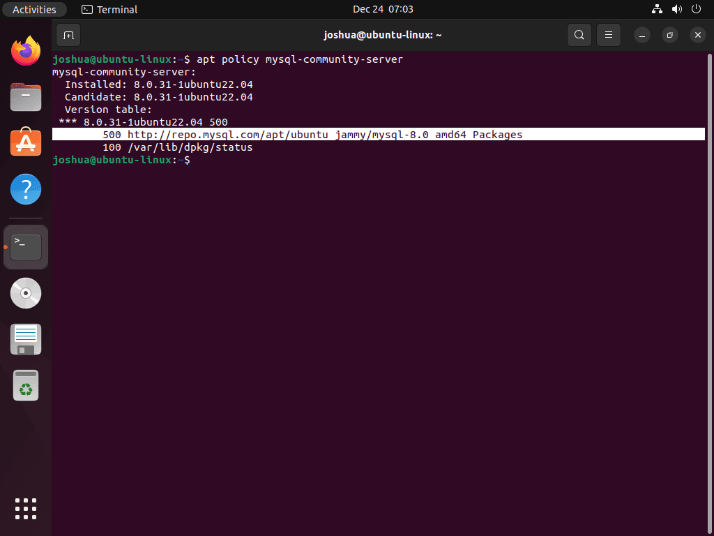 Screenshot of the 'apt policy' command output for checking MySQL 8.0 version on Ubuntu 22.04 or 20.04.