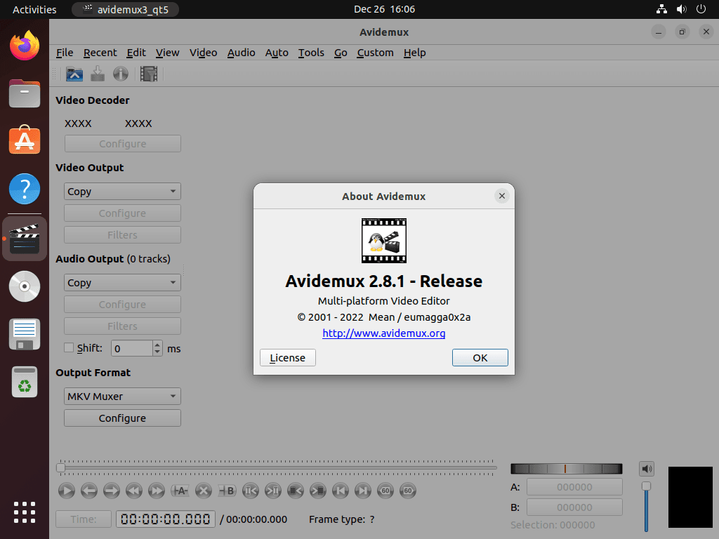 avidemux launched successfully on ubuntu 22.04 or 20.04 linux