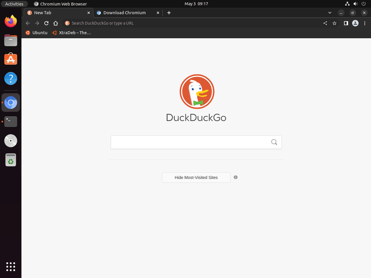 First-time launch of Chromium Browser on Ubuntu signaling successful installation.