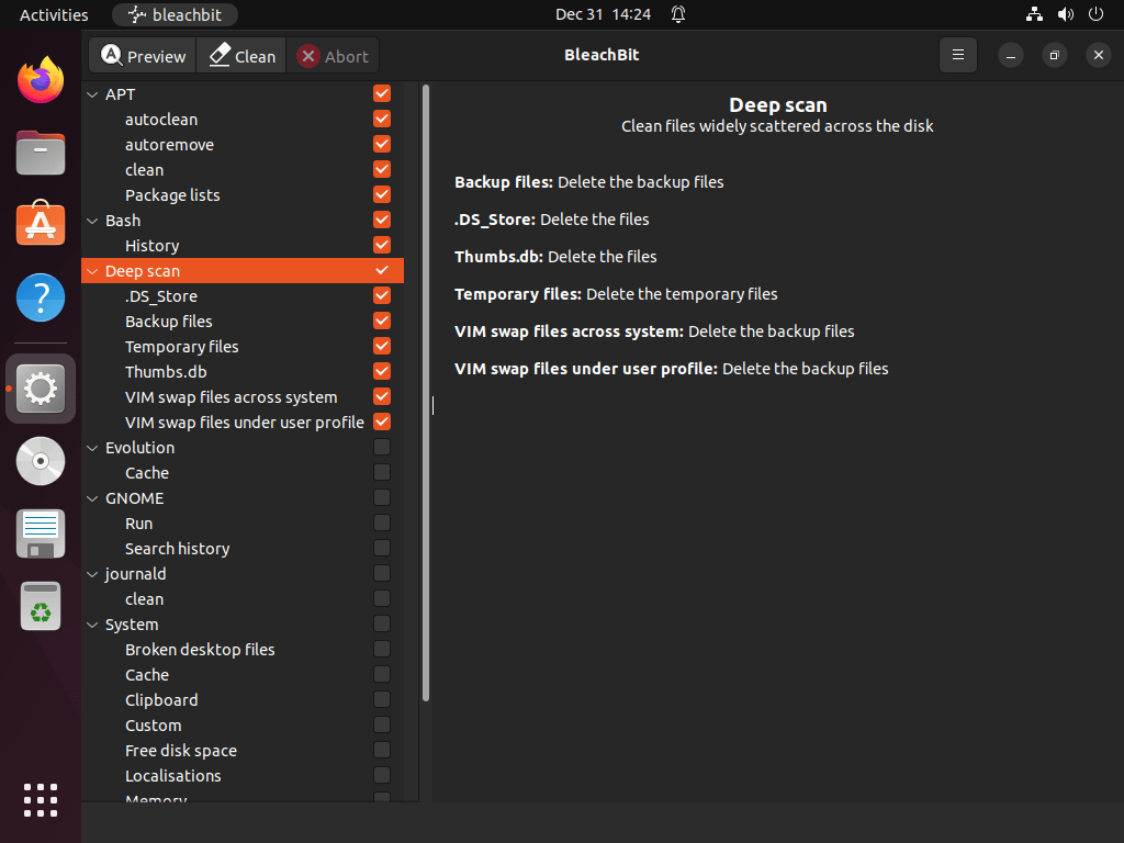 configure deep scan options for bleachbit on ubuntu 22.04 or ubuntu 20.04 linux