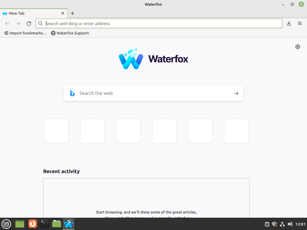 example of waterfox browser modern on linux mint 21 or 20