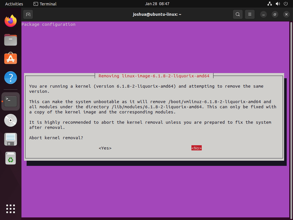 Prompt warning about the removal of Liquorix Kernel on Ubuntu 22.04 or 20.04.