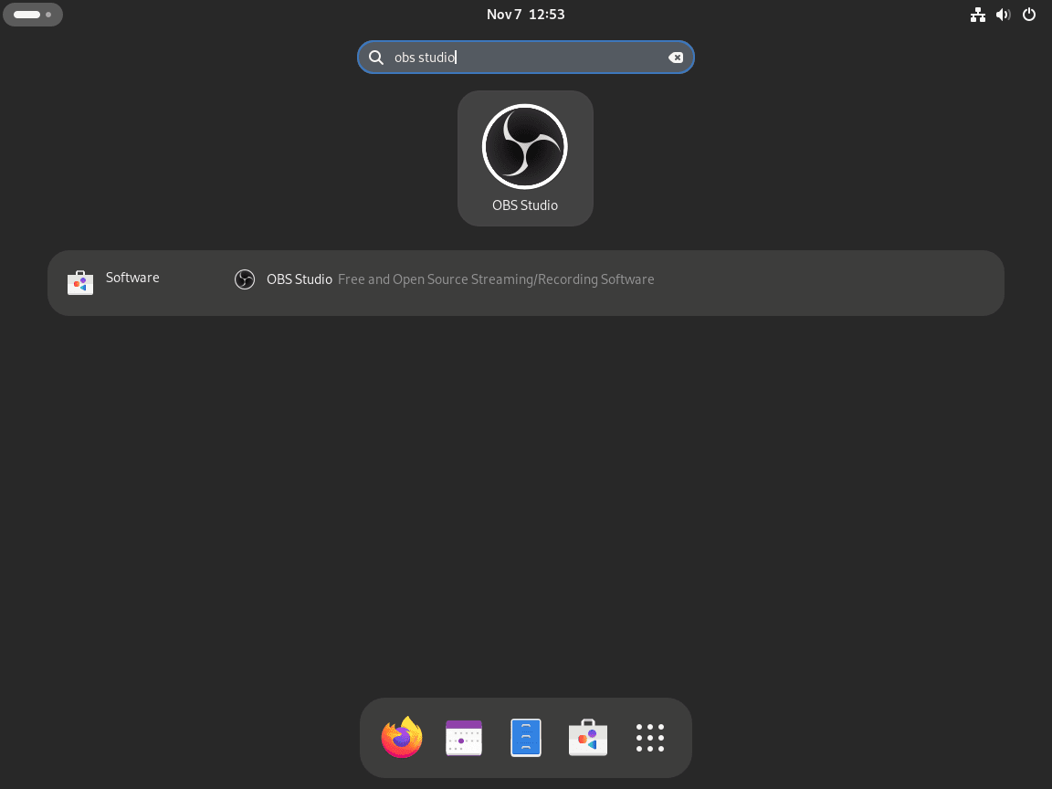 OBS Studio application icon on a Fedora Linux desktop, ready to launch.