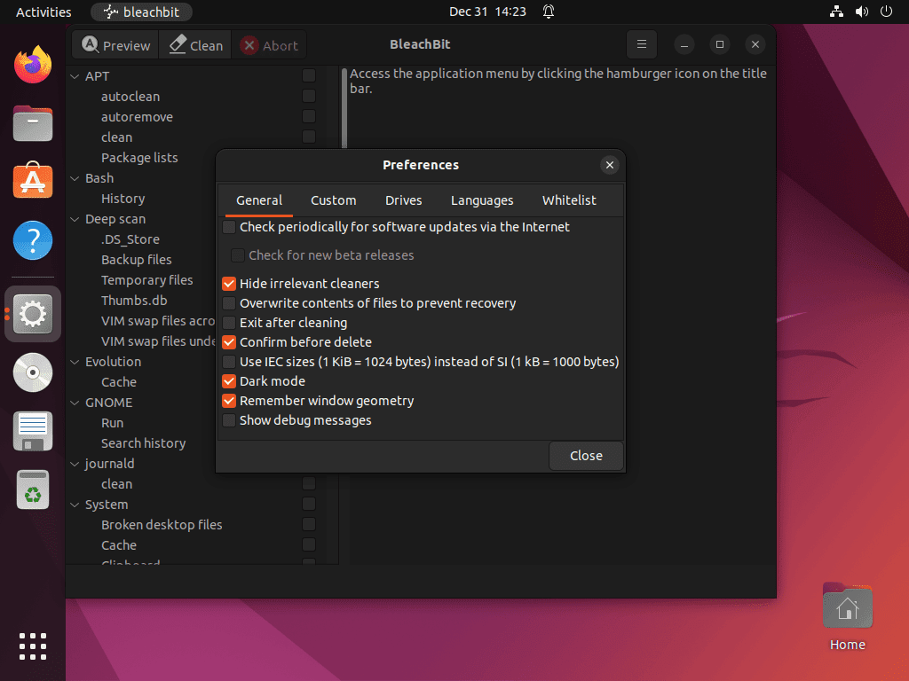 first time configuration options for deep scan with bleachbit for ubuntu 22.04 or ubuntu 20.04 linux