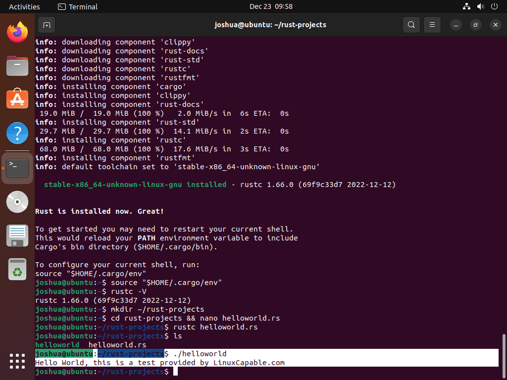 Screenshot of a "Hello World" test in Rust on Ubuntu 22.04 or 20.04 Linux.