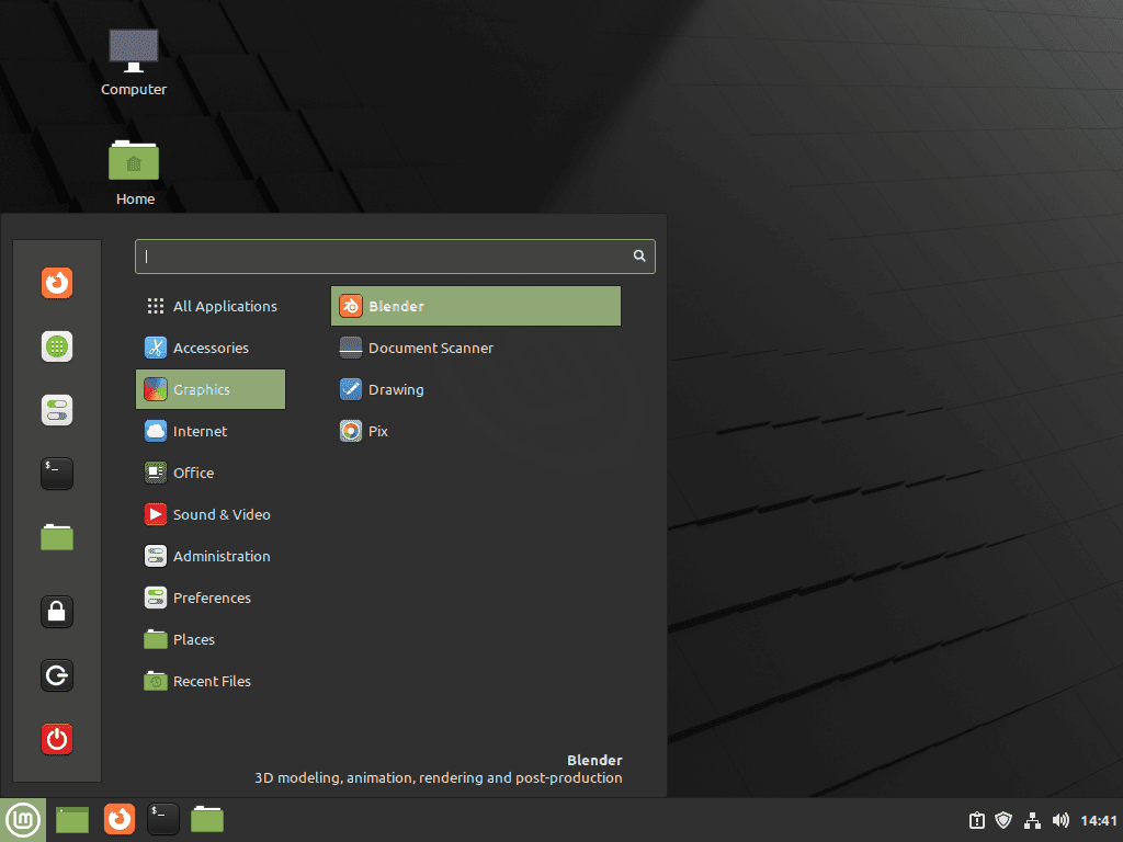 Screenshot showing how to launch Blender on Linux Mint 21 and Linux Mint 20 through the application menu.