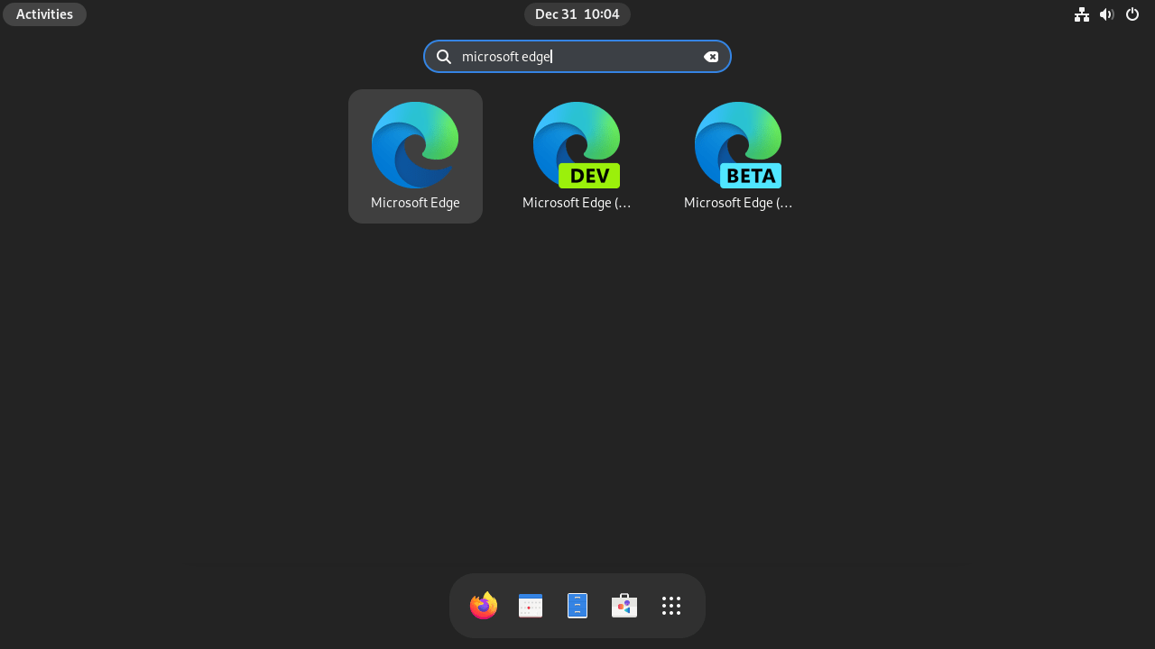 Screenshot showing how to launch Microsoft Edge from the Show Applications menu on Fedora Linux.