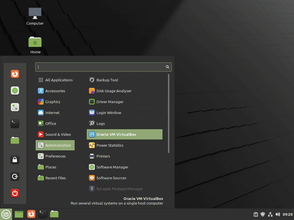 VirtualBox 7.0 icon in Linux Mint taskbar UI menu
