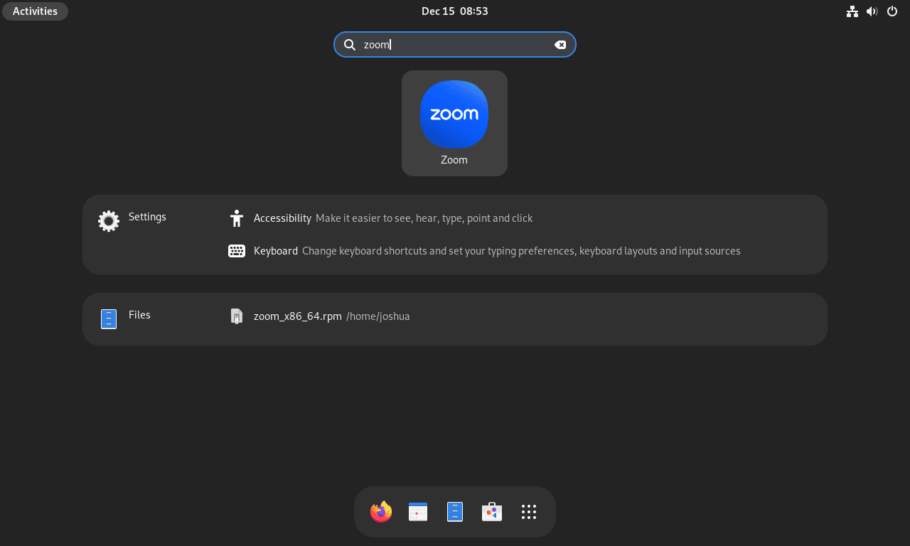 Screenshot demonstrating launching Zoom on Fedora Linux by clicking the application icon.