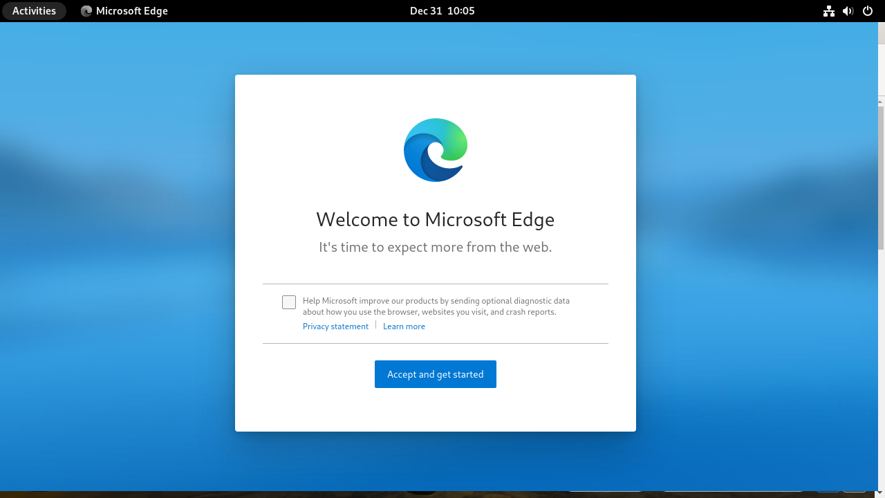 Screenshot of Microsoft Edge's first-time setup on Fedora Linux.