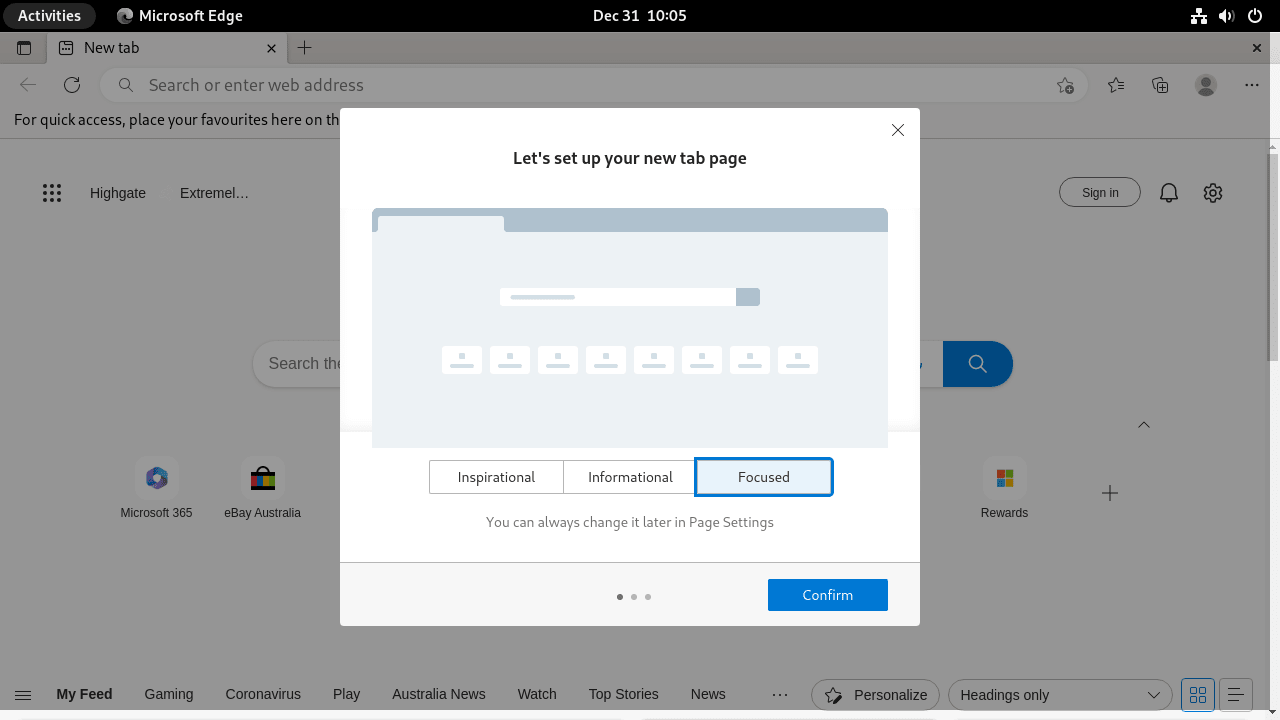 Screenshot showing layout selection options in Microsoft Edge on Fedora Linux.