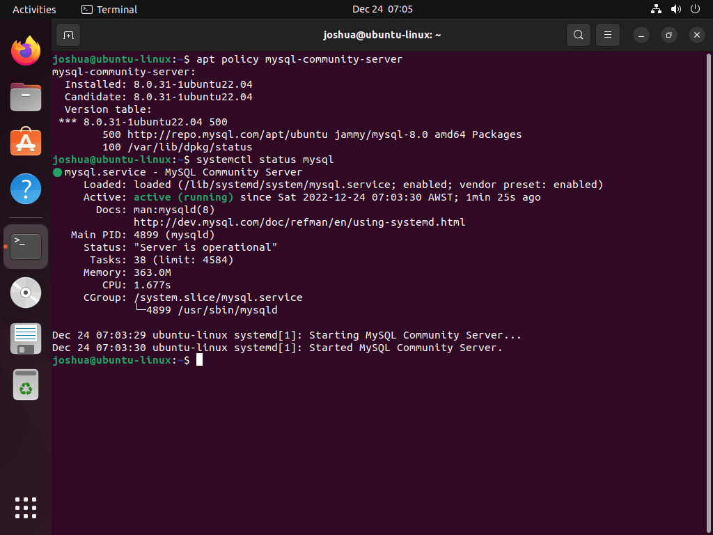 Second screenshot of the 'apt policy' command output for verifying MySQL 8.0 version on Ubuntu 22.04 or 20.04.