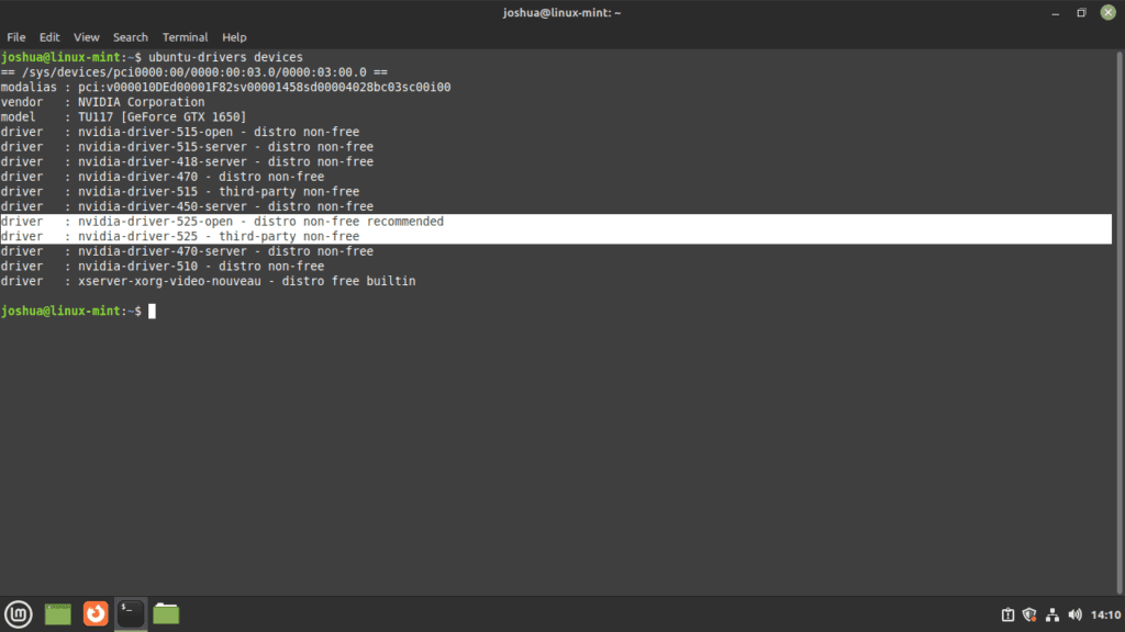 Screenshot of the 'ubuntu-drivers devices' command output on Linux Mint 21 or 20, verifying Nvidia drivers installation.