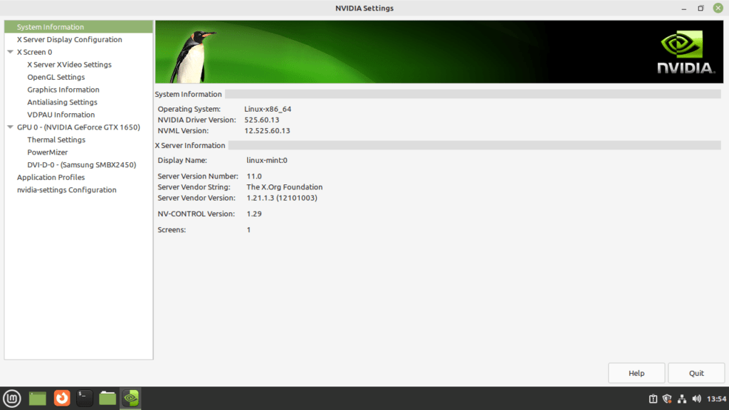 Screenshot of the 'nvidia-settings' GUI interface on Linux Mint 21 or 20, confirming Nvidia drivers installation.