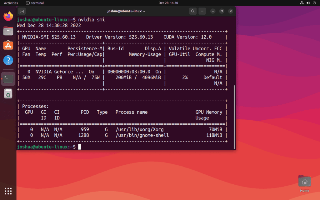 Screenshot of the 'nvidia-smi' command output displaying installed Nvidia drivers on Ubuntu 22.04 or 20.04.