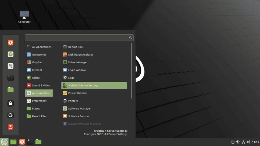 Screenshot of the process to open Nvidia X Server settings via GUI menu on Linux Mint 21 or 20.