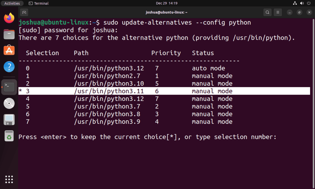 Screenshot showing Python 3.12 successfully switched to Python 3.11 on Ubuntu 22.04 or 20.04.